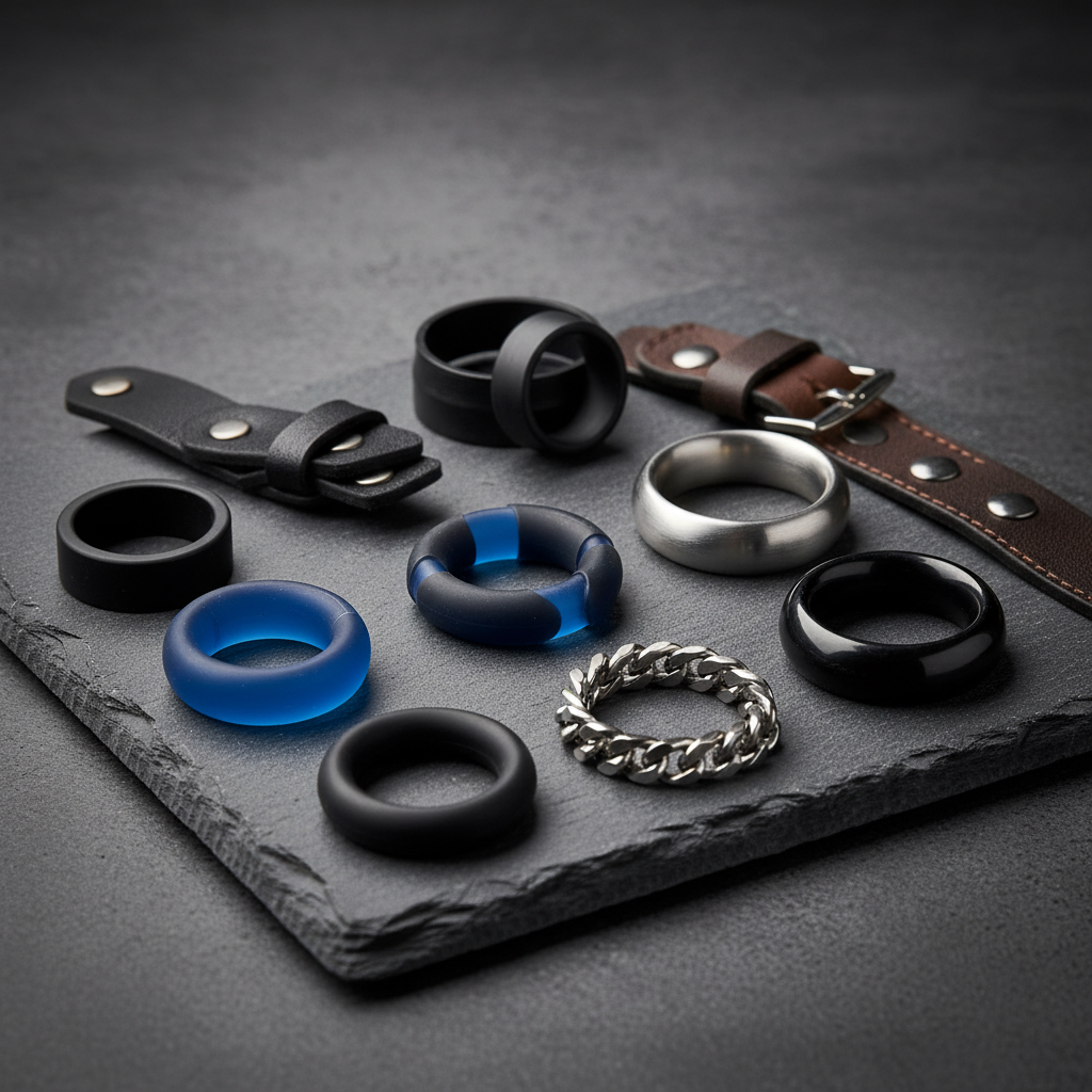 A selection of cock rings in various materials and styles, representing the ultimate guide to cock rings.