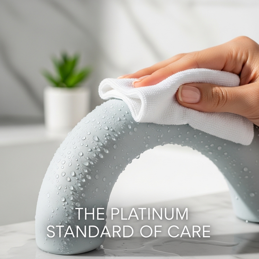 A close-up of a high-quality platinum-cure silicone toy being gently dried with a white cloth in a clean, bright setting. The image illustrates the Ultimate Guide to Platinum-Cure Silicone Toys and how to care for them.