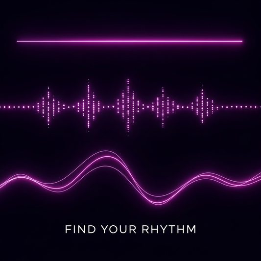 Abstract image with glowing lines representing different vibrator patterns, with the headline "Find Your Rhythm." The image is for an article titled "Vibrator Patterns Explained: A Beginner's Guide to Modes & Sensations."