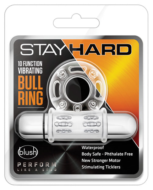 Blush Stay Hard 10 Function Vibrating Bull Ring Cock Ring - Clear