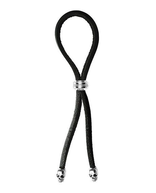 Bolo Cock Ring Leather Lasso Bead Slider w/Skull Tips - Black/Silver