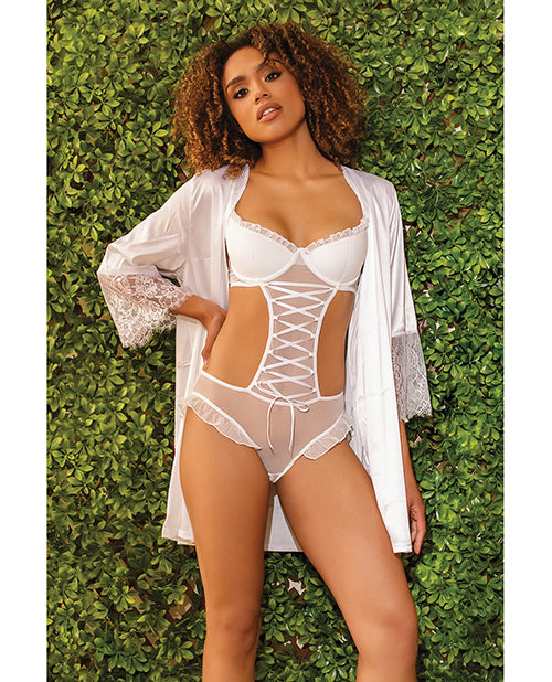 Stretch Mesh Ruffled Crotchless Teddy White LG