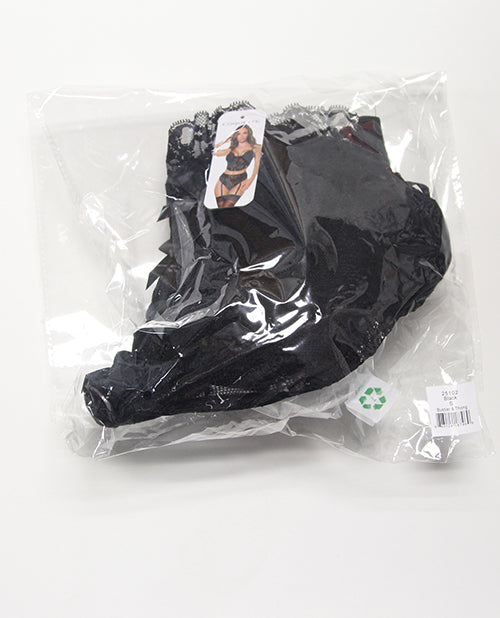 Lace Bustier w/Padded Cups & Gartered Thong Panty 2 pc Set - Black 1X/2X