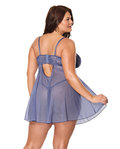 Twilight Fever Lace & Mesh Babydoll w/G-String - Navy 1X/2X