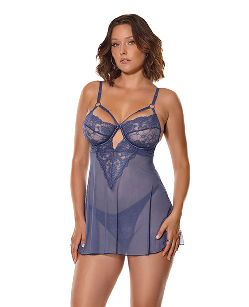 Twilight Fever Lace & Mesh Babydoll w/G-String - Navy SM