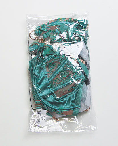 Pleasure Collection Master & Muse Bra w/Garter & Thong 3 pc Set - Green MD