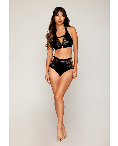 Stretch Faux Leather and Eyelash Lace Bralette w/High-Waisted Panty - Black LG