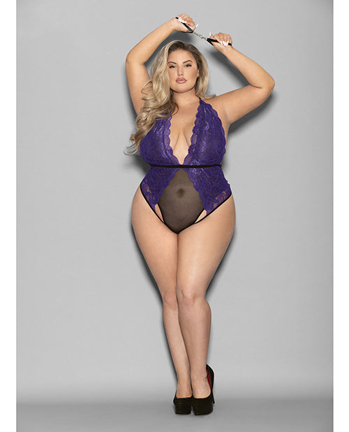 Euphoria Euphoria Halter Lace & Mesh Teddy w/Wrist Restraints Purple/Black QN