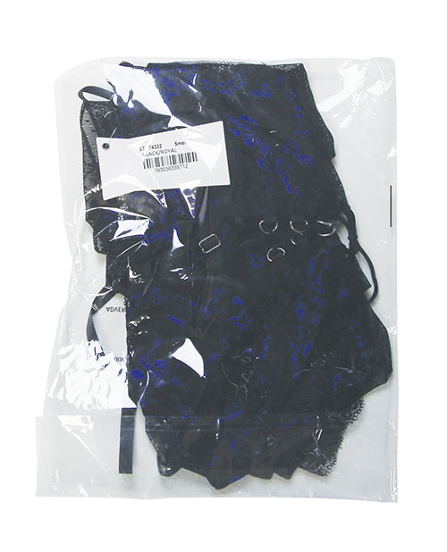 Escante Twilight Zone Lace and Mesh Short Babydoll w/Tanga Panty 2 pc Set - Black/Blue MD - Image 3