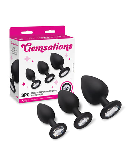 Gemsations 3 pc 2.75" & 3.15" & 3.7" Silicone Bling Bling Butt Plug Training Set - Black