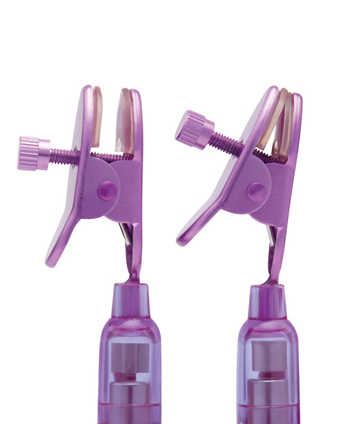 Lux Fetish Vibrating Nipple Clamps w/Wired Remote Control - Pink/Purple