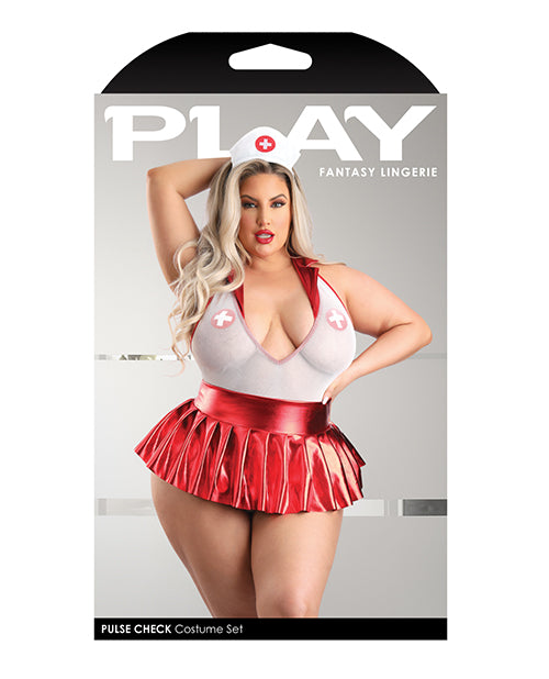 Play Pulse Check Collared Teddy w/Open Back, Pleated Skirt, Medic Hat & Pasties Red/White 3X/4X