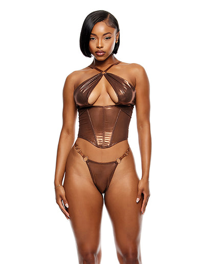 Forplay Liquid Metal Metallic Mesh Bustier w/G-String 2 pc Set - Metallic Copper LG
