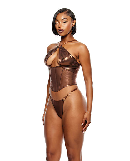 Forplay Liquid Metal Metallic Mesh Bustier w/G-String 2 pc Set - Metallic Copper LG - Image 2