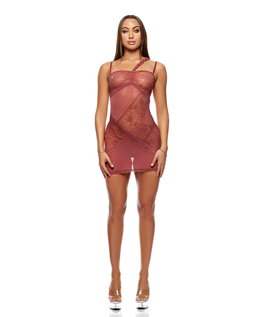 Patch of Petals Sheer Mesh and Lace Chemise w/Thong 2 pc Set - Mauve LG