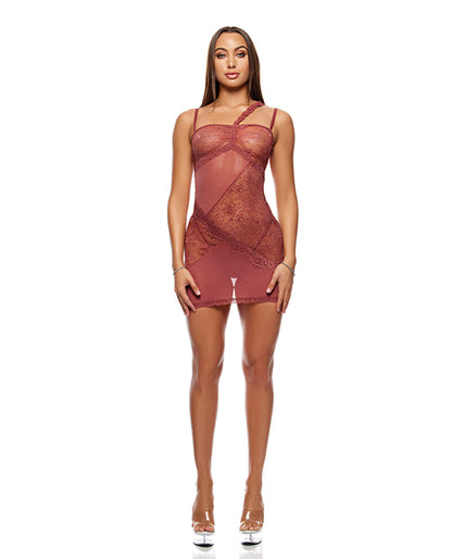 Patch of Petals Sheer Mesh and Lace Chemise w/Thong 2 pc Set - Mauve LG