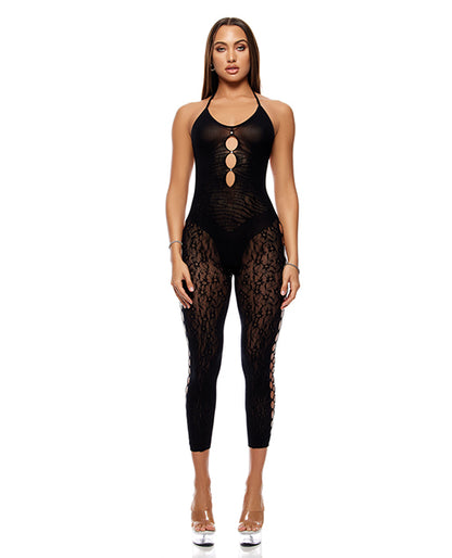 Forplay Cross Your Mind Capri Floral Knit Bodystocking w/Rhinestone Details - Black O/S - Image 3