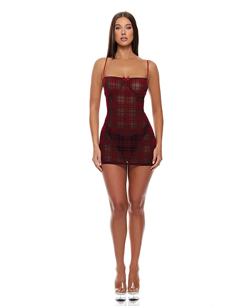 Velvet Lines Mesh Chemise & Thong 2 pc Set - Red/Black SM