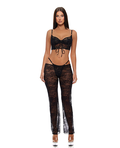 Layer of Seduction Lace Bra, Thong, & Pants 3 pc Set - Black XL