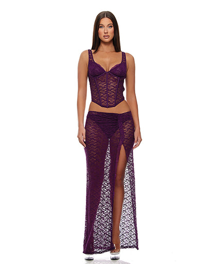 Feel Me Lace Bustier, Panty, & Skirt 3 pc set - Purple SM