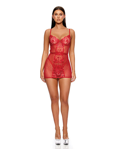 La Vie En Rose Metallic Embroidered Chemise, Panty & Belt 3 pc Set - Red MD