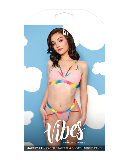 Vibes Make it Rain Caged Bralette & Panty w/Booty Rainbow L/XL