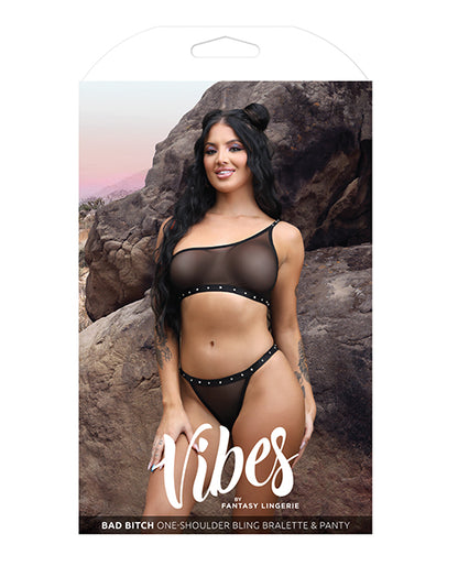 Vibes Bad Bitch One Shoulder Bling Bralette & Panty Black L/XL