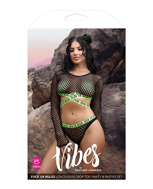 Vibes Fuck Ur Rules Long Sleeve Crop Top, Panty & Pasties Black/Green L/XL