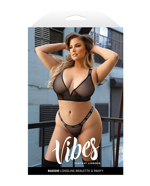 Vibes Baddie Glitter Mesh Long Line Bralette & Thong Black QN