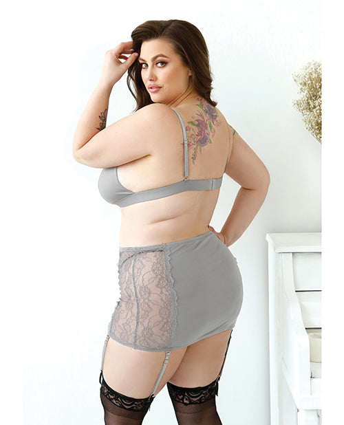 Curve Layne Lace & Microfiber Bralette w/Garter Skirt & G-String Gray 1X/2X