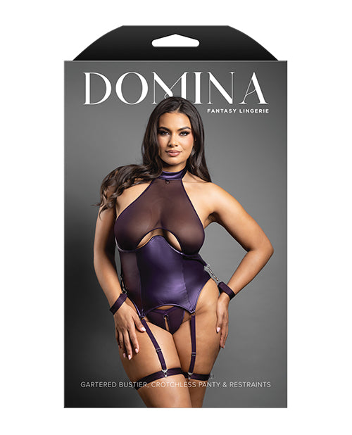Domina Mesh Gartered Bustier & Crotchless panty Set w/Restraints - Purple QN