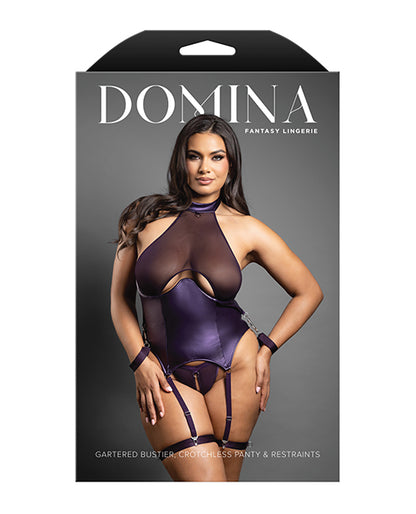 Domina Mesh Gartered Bustier & Crotchless panty Set w/Restraints - Purple QN