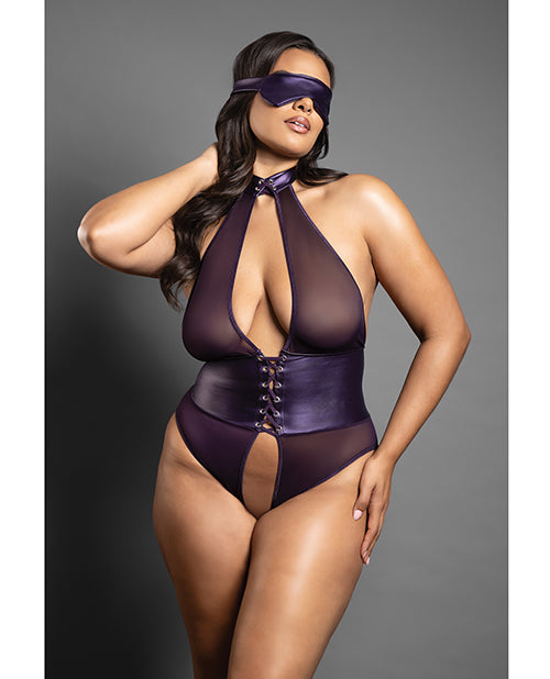 Domina Open Halter Teddy in Mesh & Leatherette w/Matching Blindfold - Purple QN