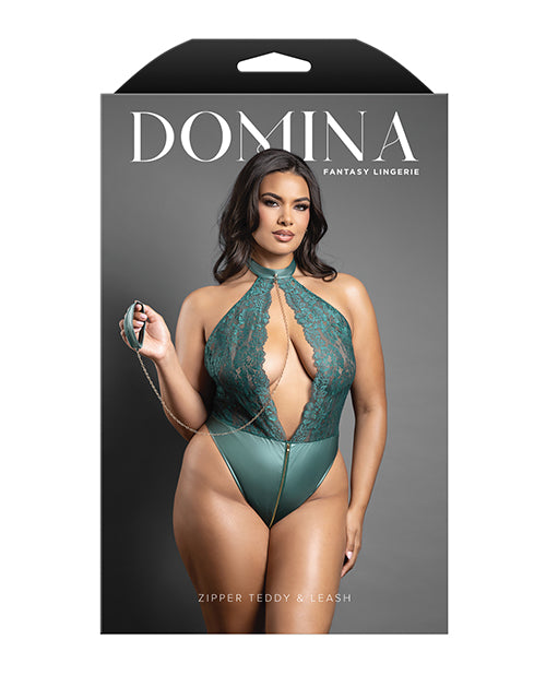 Domina Lace Halter Teddy w/Zipper Detail & Detachable Chain-Link Leash - Green QN