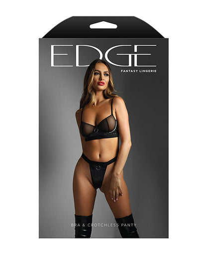 Edge Quilted Wetlook and Mesh Underwire Bra w/Crotchless Panty - Black L/XL