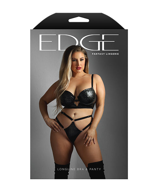 Edge Quilted Wetlook and Mesh Longline Underwire Bra w/ G-String - Black QN