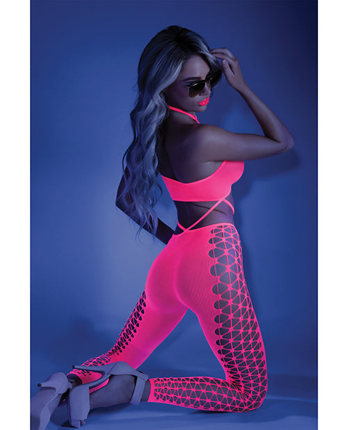 Glow Black Light Cropped Cutout Halter Bodystocking Neon Pink O/S