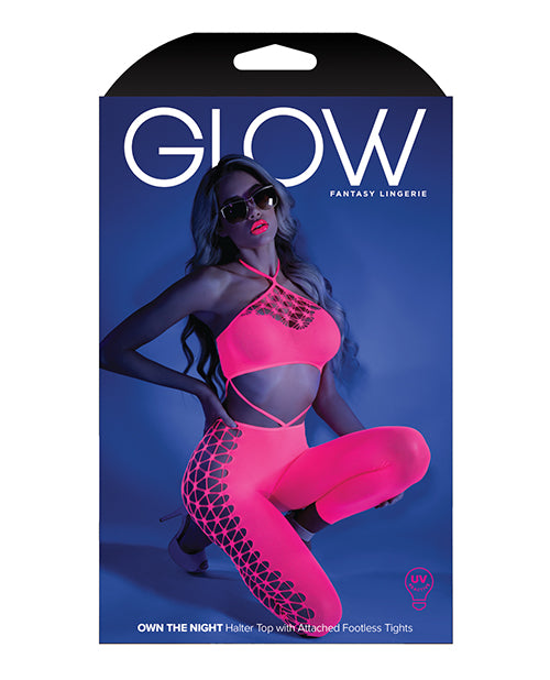 Glow Black Light Cropped Cutout Halter Bodystocking Neon Pink O/S