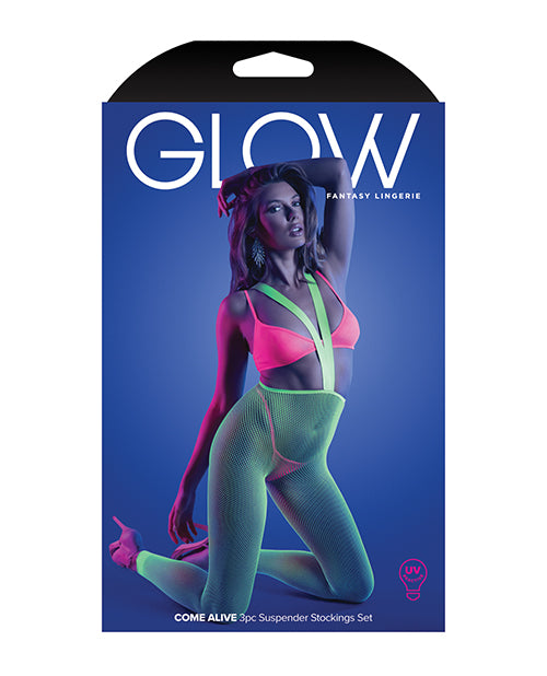 Glow Come Alive Suspender Stockings, Bralette & G-String Multi Color O/S