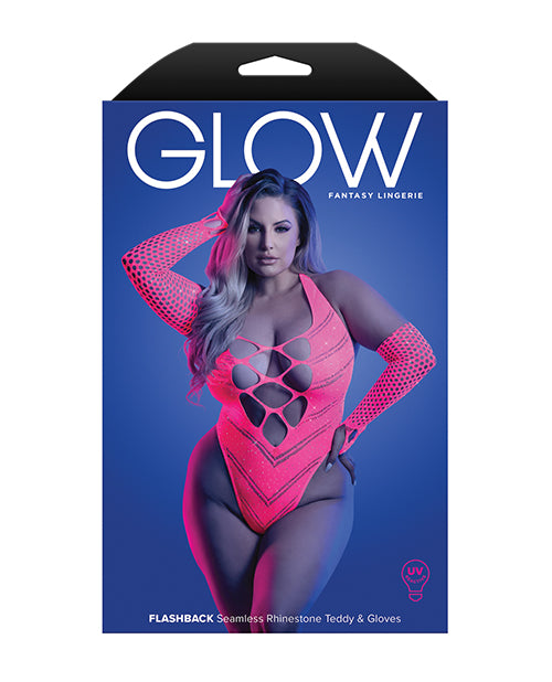 Glow Flashback Black Light Reactive Rhinestone Teddy w/Gloves (or Leg Warmers) - Neon Pink QN