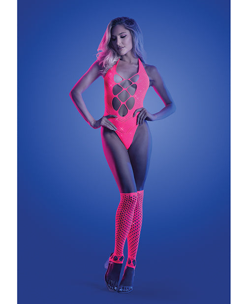 Glow Flashback Black Light Reactive Rhinestone Teddy w/Gloves (or Leg Warmers) - Neon Pink O/S