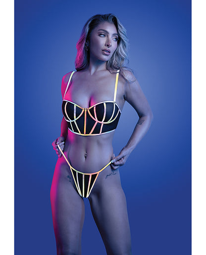 Solar Flare Flash Reflective Binding Underwire Bra & Thong - Black L/XL