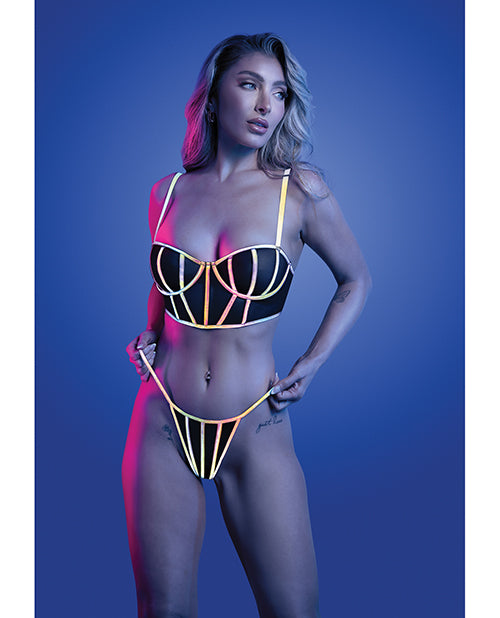 Solar Flare Flash Reflective Binding Underwire Bra & Thong - Black M/L