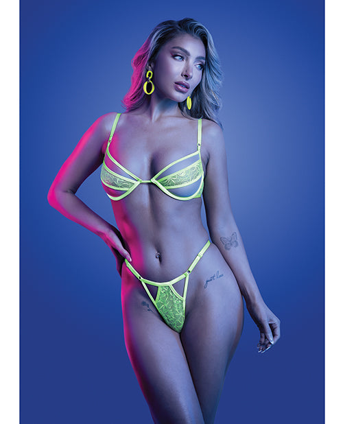 Mind Control UV Reactive Lace and Mesh Underwire Bra & Thong - Neon Green S/M