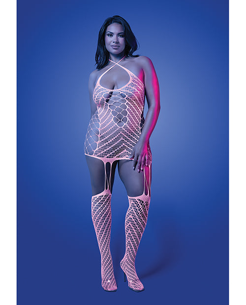 Metamorphic Glow-in-the-Dark Bodystocking Dress; Glows Pink - White QN
