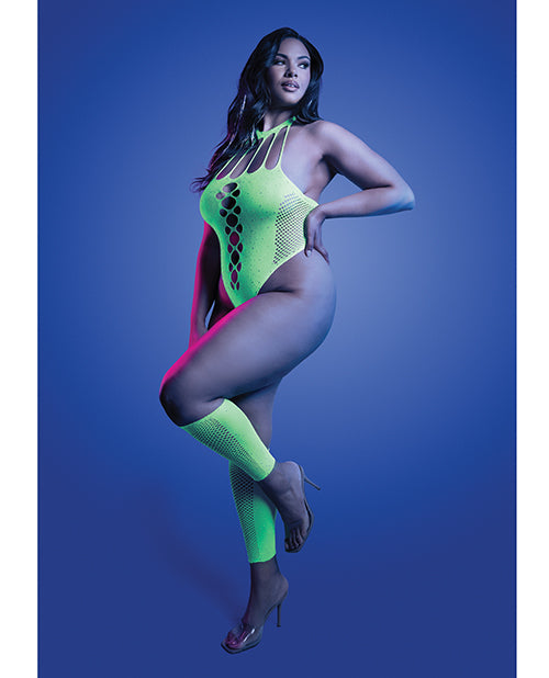 Pressure Point UV Reactive Rhinestone Studded Teddy & Gloves/Leg Warmers 2 pc Set - Neon Green QN