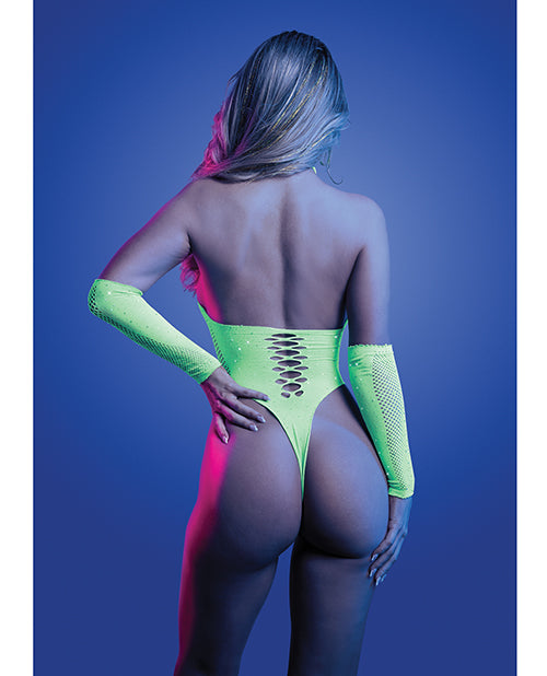 Pressure Point UV Reactive Rhinestone Studded Teddy & Gloves/Leg Warmers 2 pc Set - Neon Green O/S
