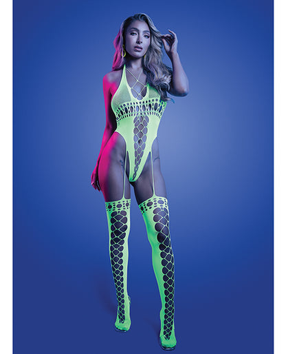 Paradigm UV Reactive Halter Teddy Bodystocking - Neon Green O/S