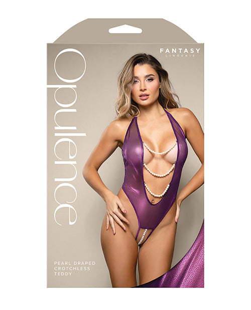 Opulence Shimmer Mesh Halter Teddy w/Pearl Details - Purple L/XL