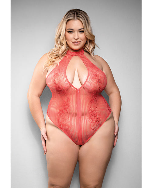 Temptress Calliope Striped Sheer Floral Lace Zippered Teddy - Coral 1X/2X